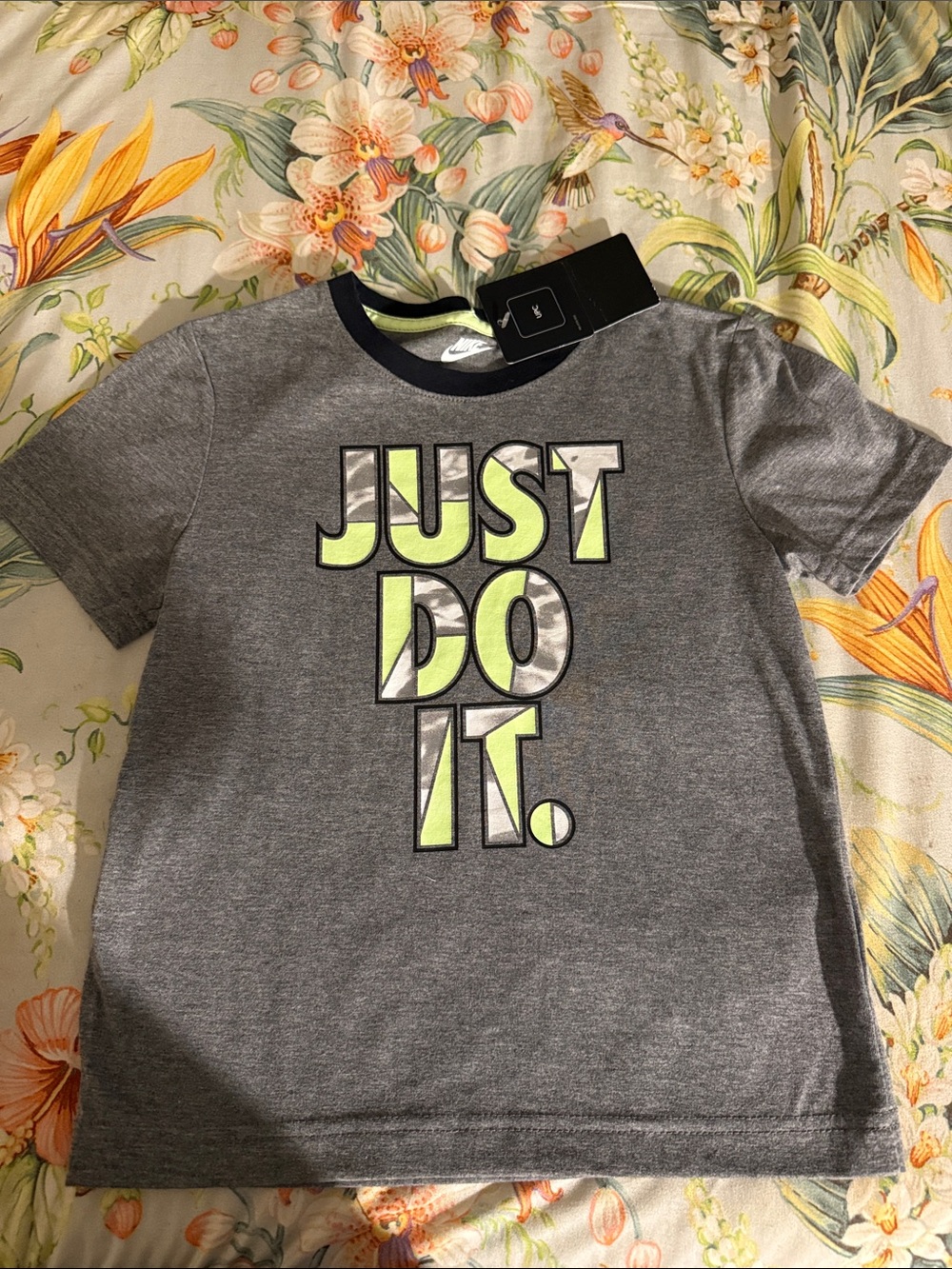 Nike Gray Short-Sleeve Tee with Neon Green 'JUST DO IT.' Graphic